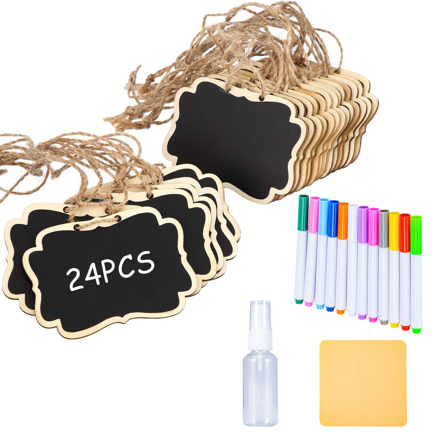 24 Pcs Reusable Mini Wood Chalkboards with Hanging String Erasable, Double-Sided Blackboard for Message Board Signs, Weddings Place Cards, Birthday Parties, Table Numbers, Plants